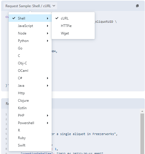 screenshot of selecting code snippet language